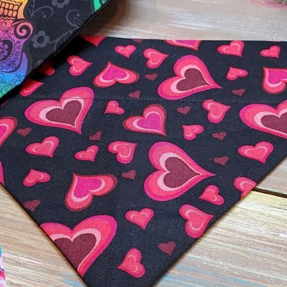 #13 Medium 9" Rainbow Sugar Skulls & Tossed Hearts Dog Bandanas Over Collar - Picture 3 of 3